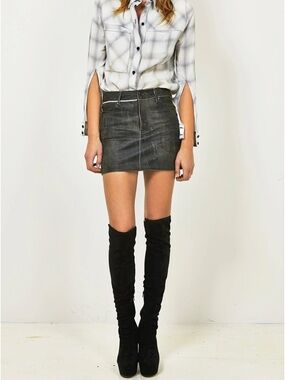 NWT Filles A Papa Sasha Lamb Leather Mini Skirt SWAROVSKI Crystal Black Distress